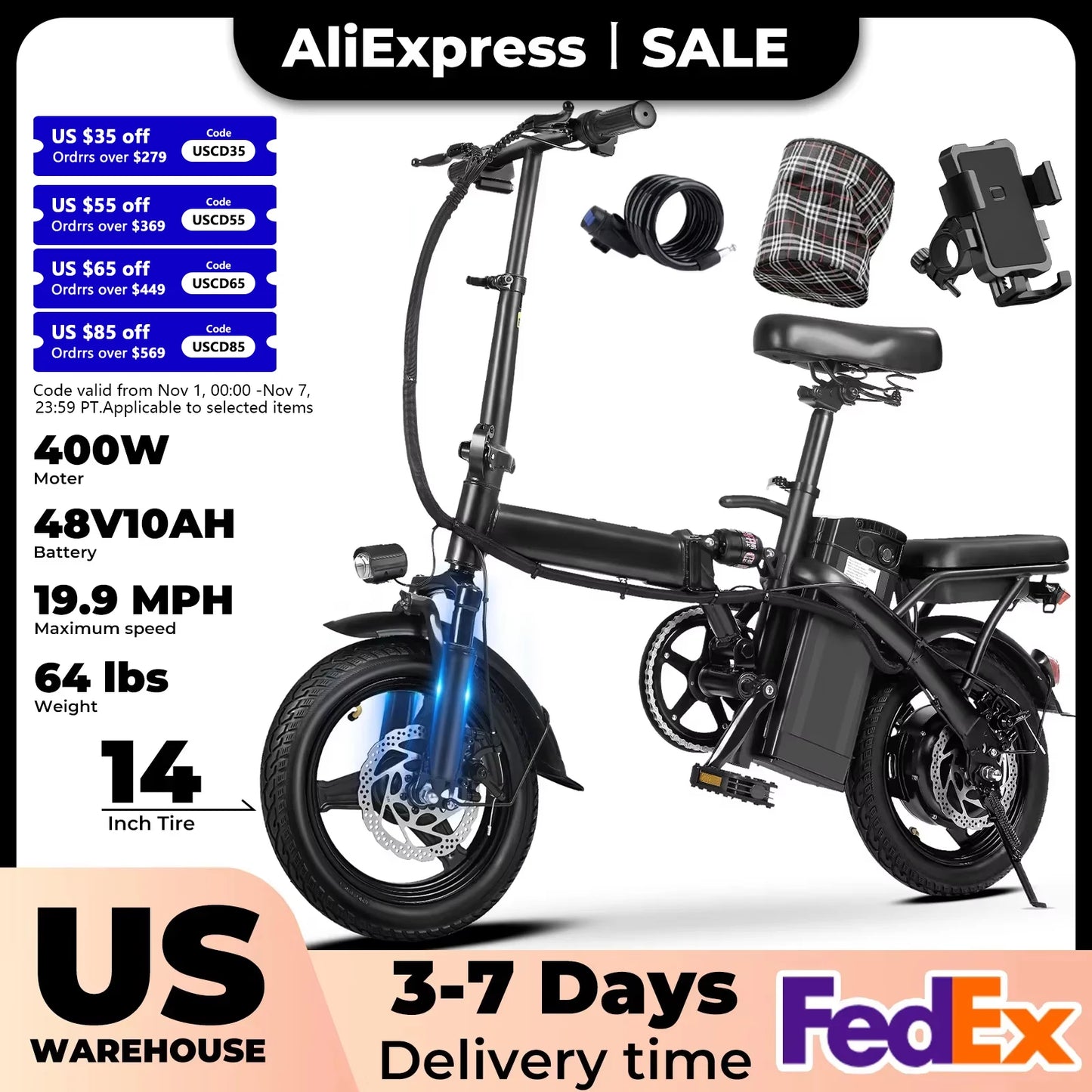400W dual disc brake adult foldable electric bicycle with seat and basket 14 inches 48V 10.4Ah 22 mile range 20MPH