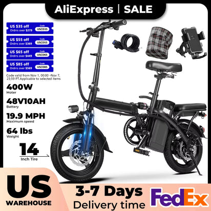 400W dual disc brake adult foldable electric bicycle with seat and basket 14 inches 48V 10.4Ah 22 mile range 20MPH